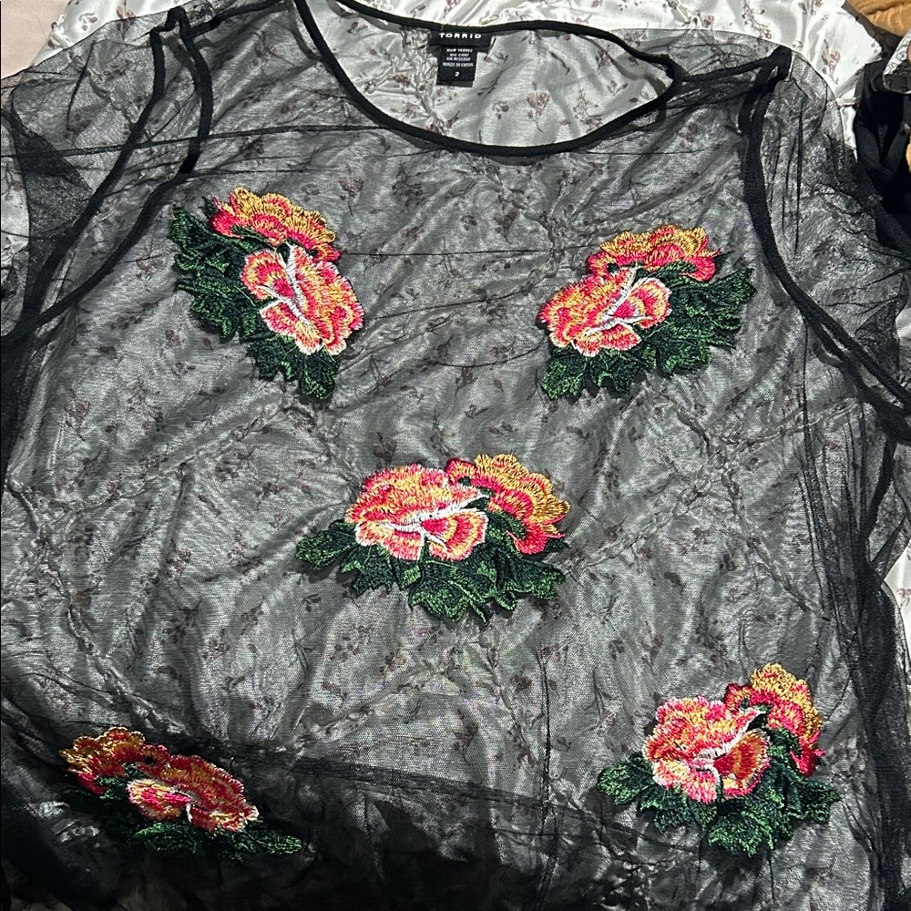 Torrid Black Sheer Mesh Top with Pink Floral Embroidery